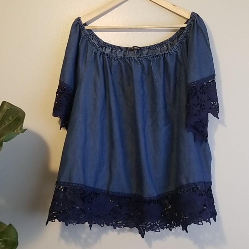 Navy and Lace Shoulder Free top